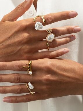 Gold Tone Pearl Inspired Open Ring Set – 5 Piece Adjustable Stack